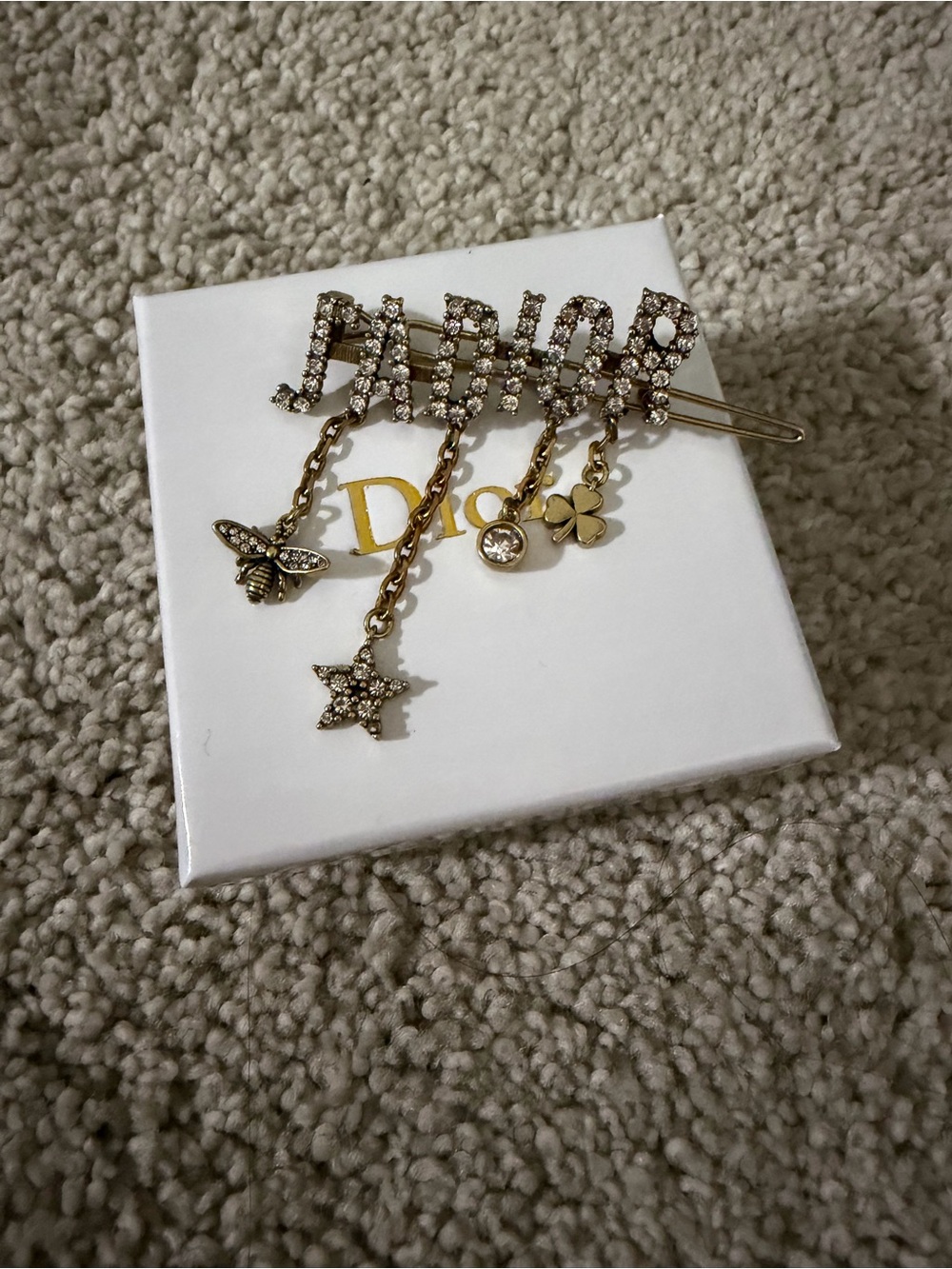 Dior Gold-Tone Crystal Logo Hair Pin with Dangling Charms